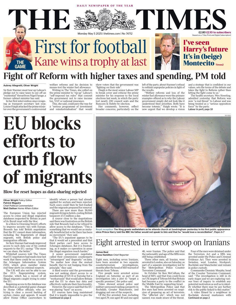 The headline in the Times reads: EU blocks efforts to curb flow of migrants