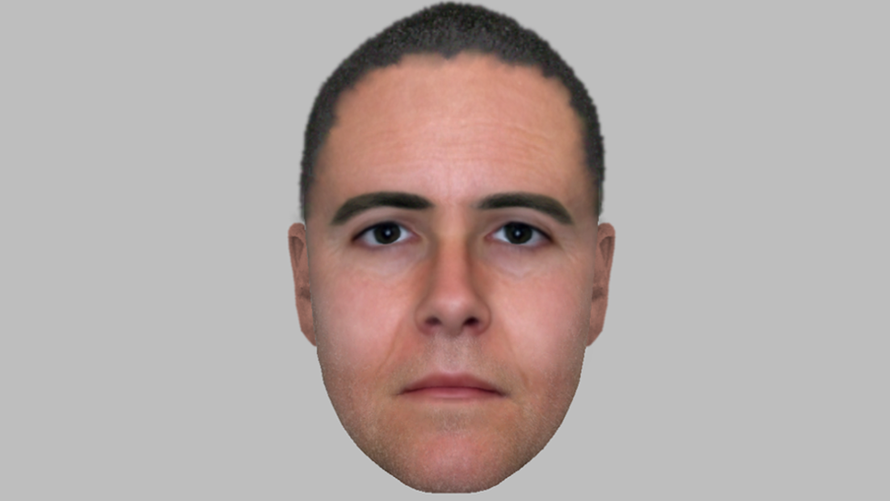 An e-fit photo of a white man with with dark brown hair and dark brown eyes