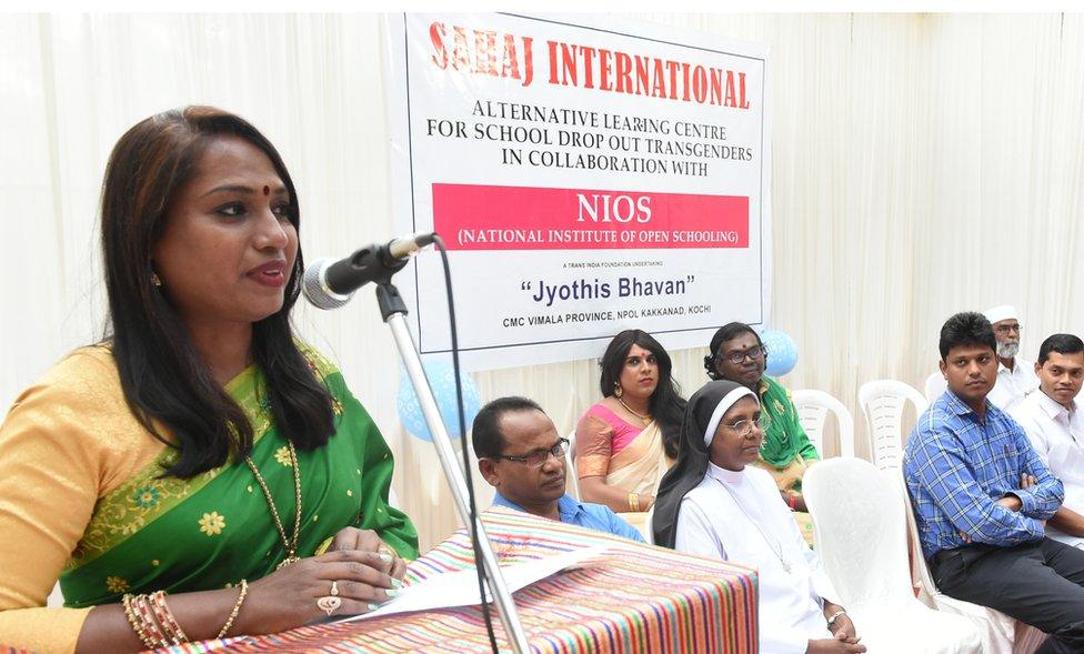 Transgender rights activist Kalki Subrahmaniam speaks at the opening of the Sahaj International school in Kochi