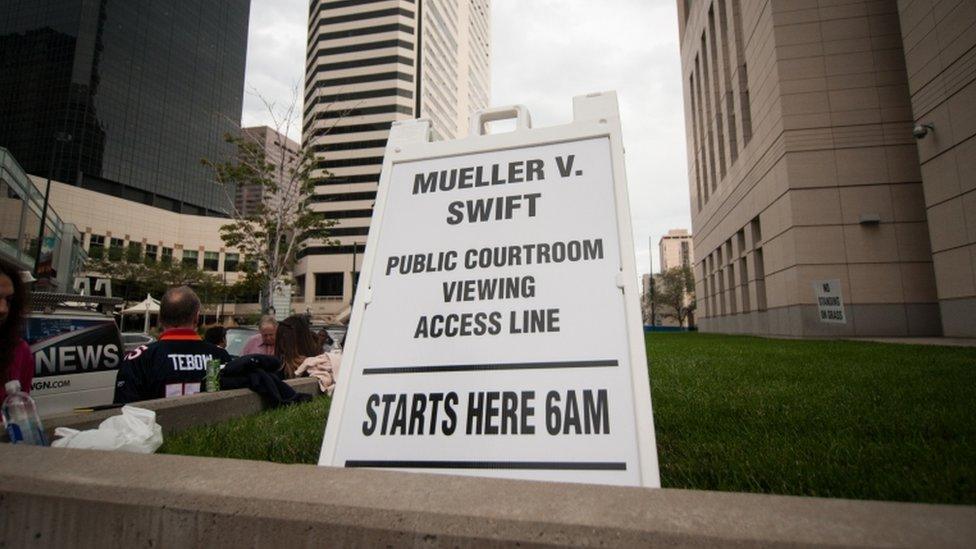 A sign is placed outside the civil case for Taylor Swift vs David Mueller at the Alfred A. Arraj Courthouse on August 10, 2017 in Denver, Colorado.