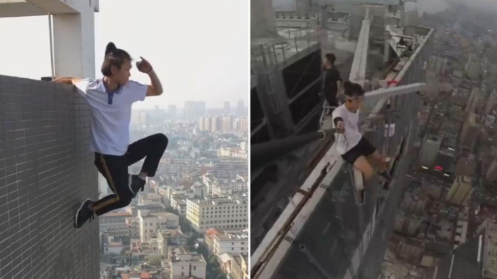 A composite image shows Wu Yongning, left, facing outward on the exterior of a wall high above the city skyline, holding on with just one hand from a ledge above ; and right, sitting on a steel girder which is projecting over the edge of a very tall building into the street