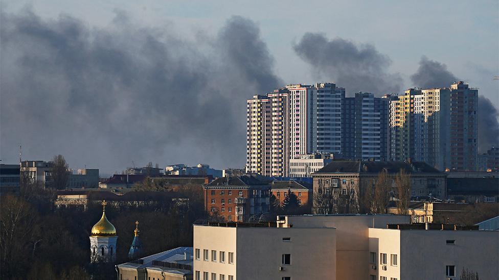 Smoke rises after recent shelling in Kyiv, Ukraine February 26, 2022.