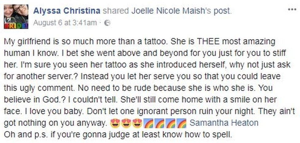 "My girlfriend is so much more than a tattoo. She is THE most amazing human I know. I bet she went above and beyond for you just for you to stiff her... Why not just ask for another server? Instead you let her serve you so that you could leave this ugly comment.. She'll still come home with a smile on her face."