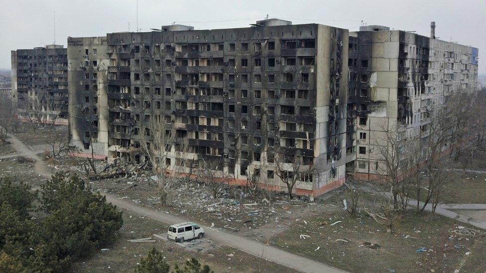 Residential buildings which were damaged during Ukraine-Russia conflict in the besieged southern port of Mariupol