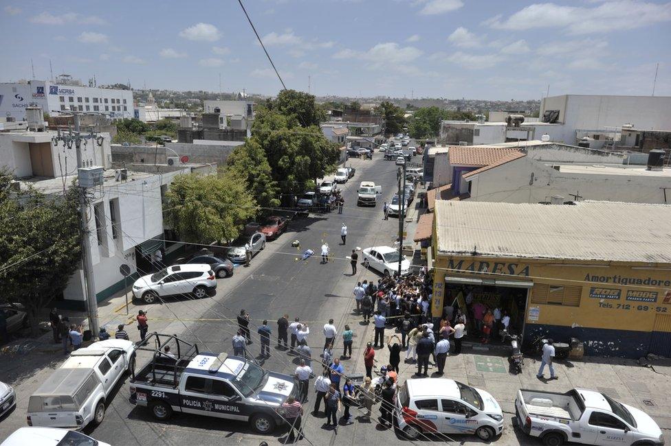 The body of Mexican journalist Javier Valdez lies on the street after he was shot dead in Culiacan, Sinaloa, Mexico, on 15 May 2017