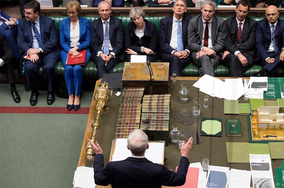 Jeremy Corbyn gesticulates at Theresa May in the Commons