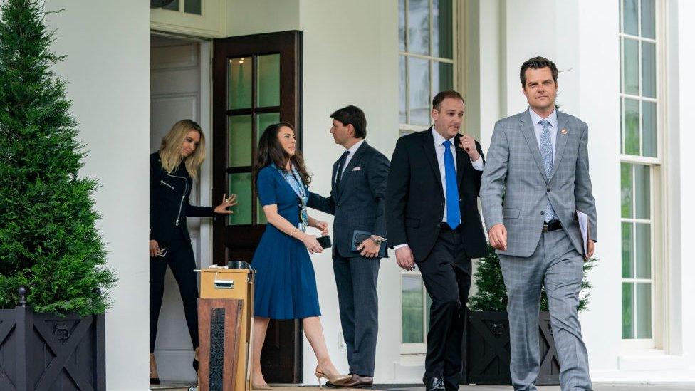 White House Press Secretary Kayleigh McEnany, Director of Strategic Communications Alyssa Farah, Deputy Press Secretary Hogan Gidley, Rep Lee Zeldin and Rep Matt Gaetz exit the West Wing