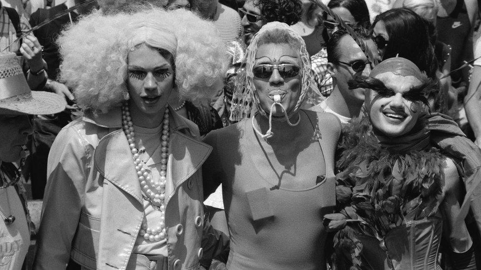 Three trans men at a Gay Pride Parade, London, 6th July 1996