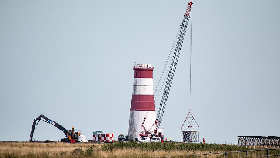 Orfordness Lighthouse lantern room is lowered to the ground