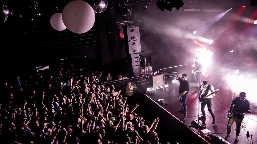 Chris Miller, Josh Franceschi and Matt Barnes of You Me At Six perform on stage at SWX on July 11, 2019 in Bristol, England.