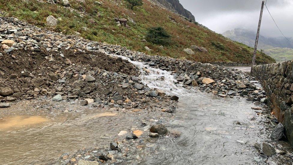 A landslip on a road near Bethesda