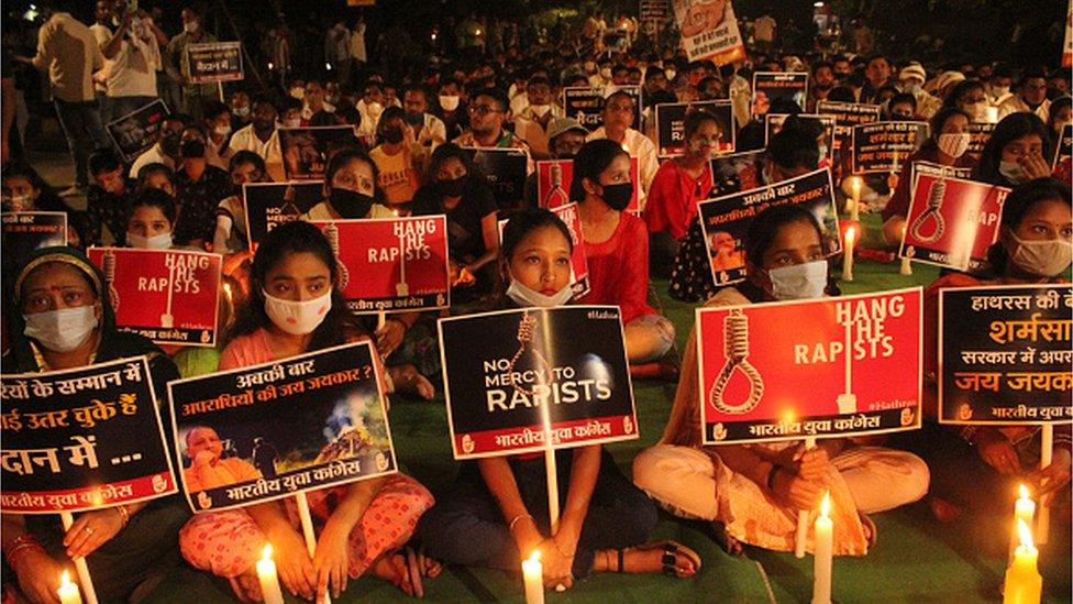 Activists of the Indian Youth Congress took out a candle light march at Jantar Mantar demanding justice for the Hathras gang-rape victim, who died at a government hospital in Delhi last month, on October 12, 2020 in New Delhi,