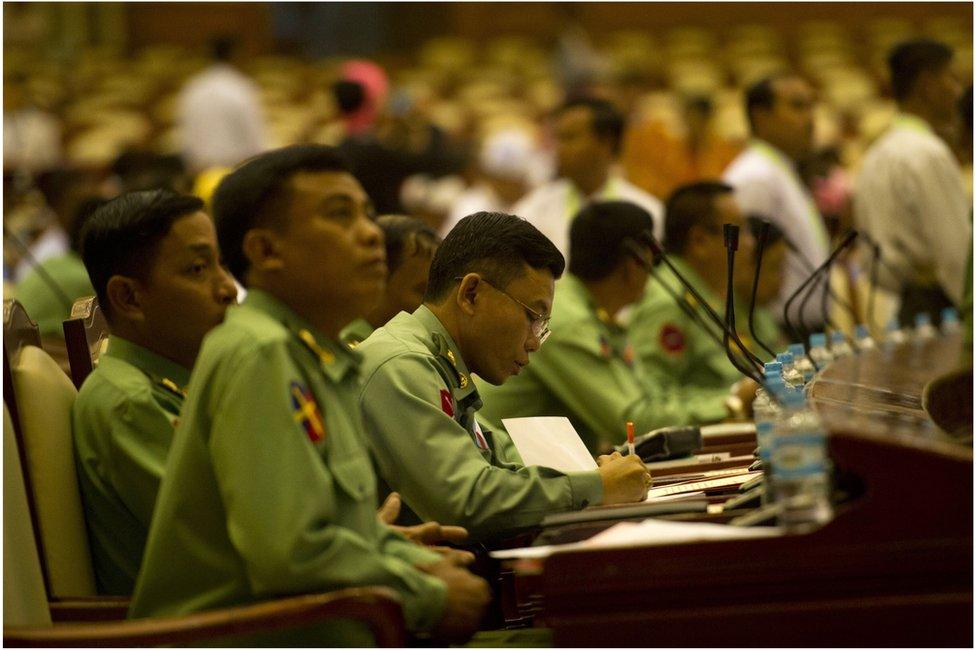 Myanmar's military members of parliament attend the new lower house parliamentary session in Naypyidaw on 1 February 2016