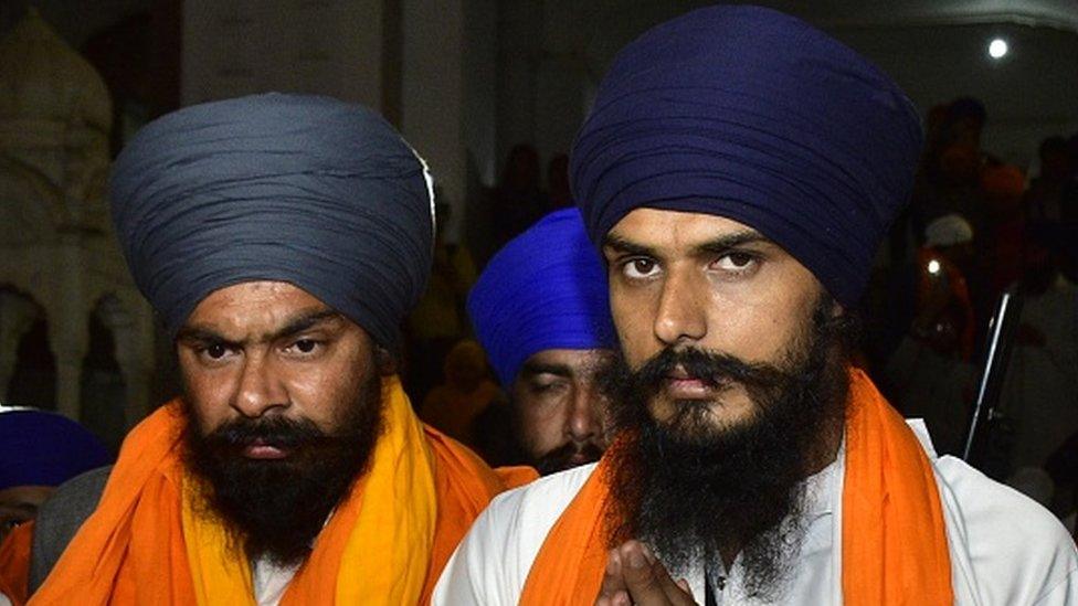 Waris Punjab De Chief Amritpal Singh (right) with his close aide Lovepreet Toofan at Golden Temple on 24 February 2023 in Amritsar