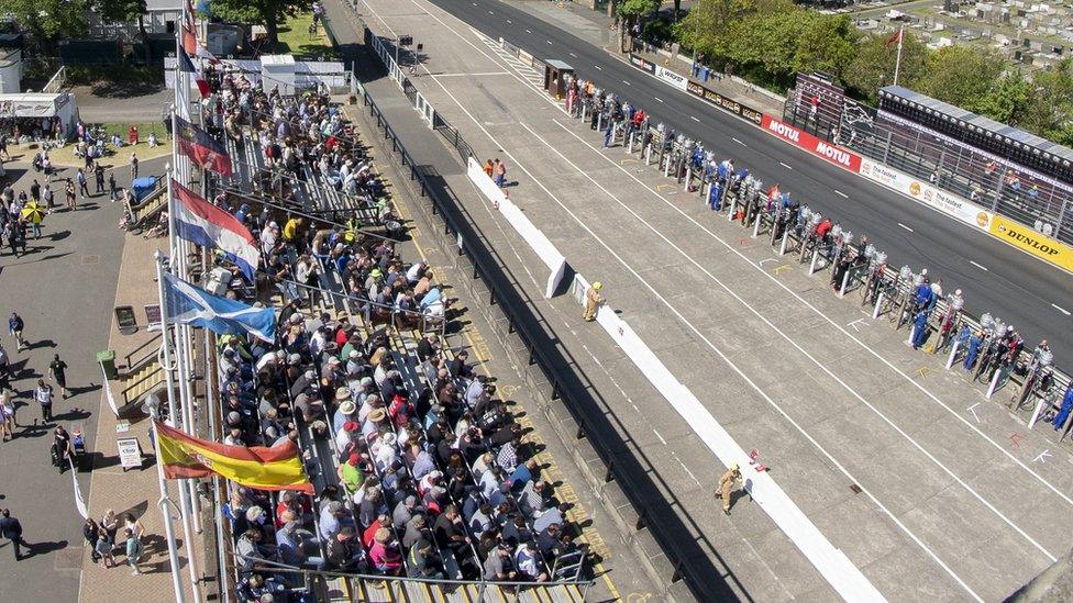 View of spectators on the TT grandstand from above