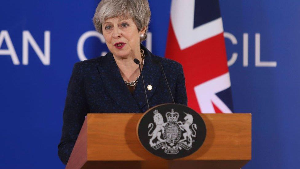 Theresa May Prime Minister of the United Kingdom and Leader of the Conservative Party as seen in press conference after the European Council meeting with Brexit as the main topic. EU leaders agreed to postpone Brexit and article 50. The meeting too place in Forum Europa Brussels, Belgium on 21 March 2019. (