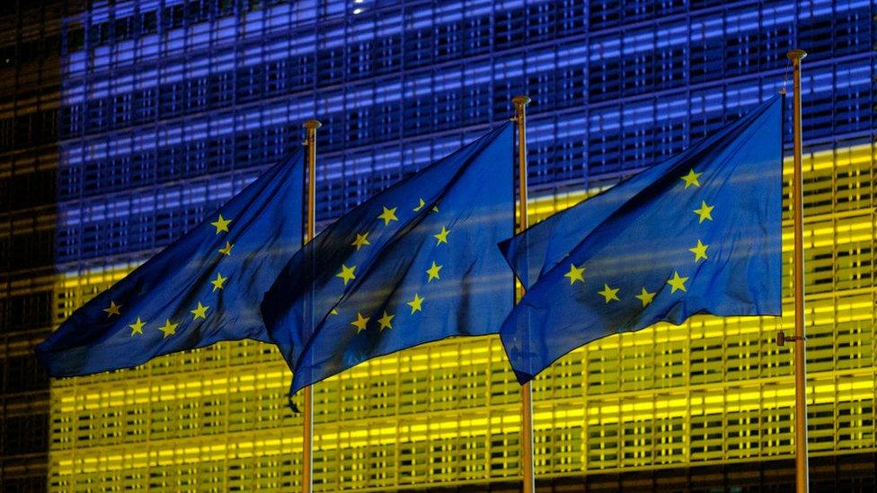 The EU Commission headquarters in Brussels displaying the colours of the Ukrainian Flag in May 2022