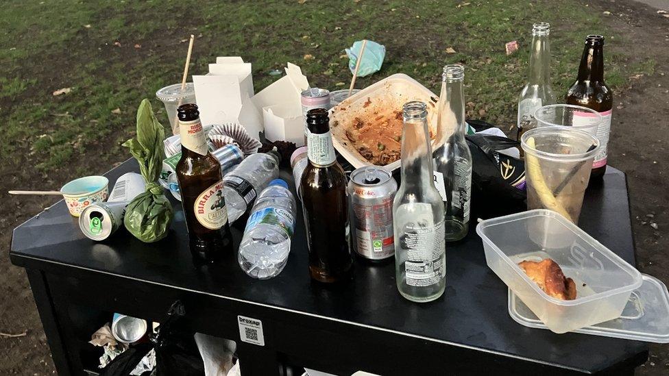 Litter on top of bin in London Fields