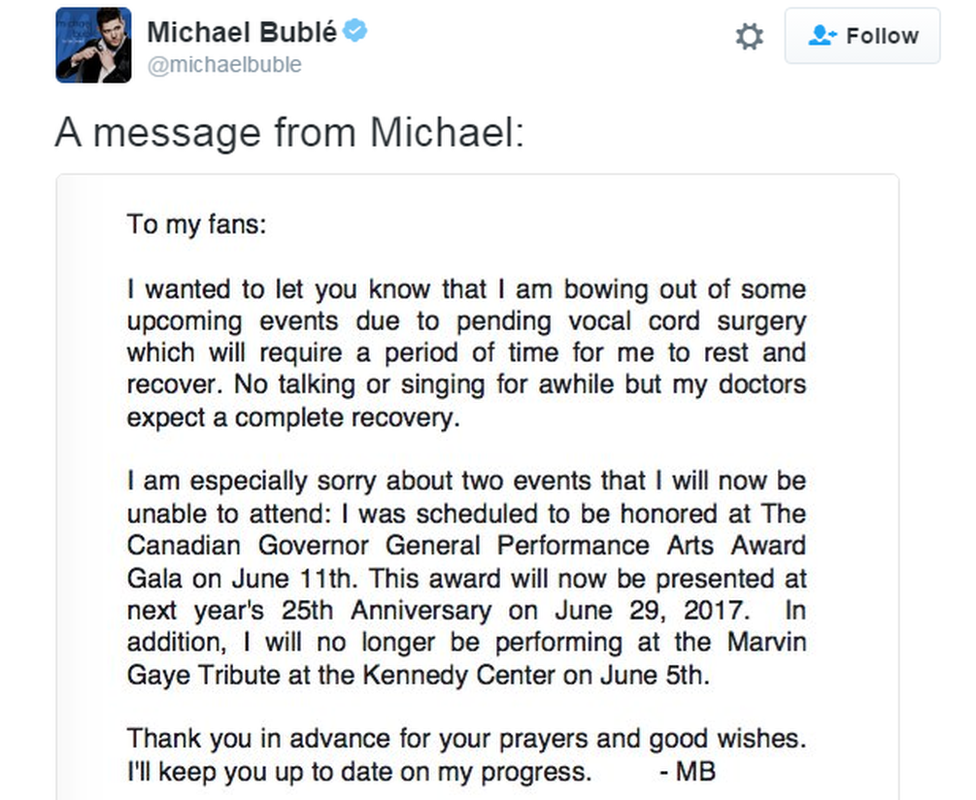 Michael Buble's tweet