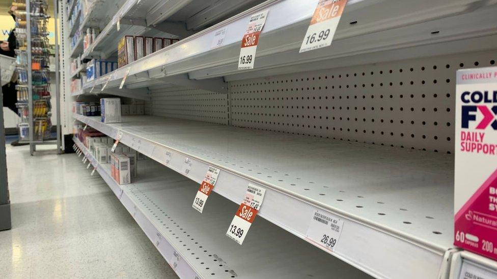 Empty shelves at a Toronto drug store