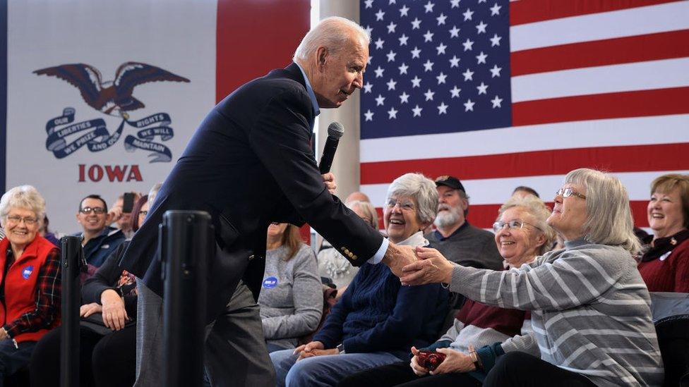 President Biden greets supporters ahead of the 2020 Iowa caucuses