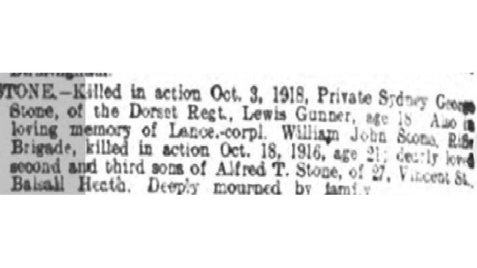 A newspaper cutting with reference to a soldier with the surname of 'Stone'