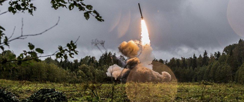 A Russian tactic missile Iskander -M launches from a green field site near St Petersburg