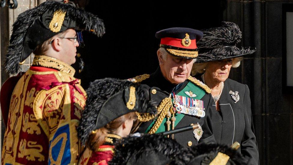 King Charles III and the Queen Consort leave St Giles' Cathedral after a Service of Prayer and Reflection for Queen Elizabeth II's life. Picture date: Monday September 12, 2022