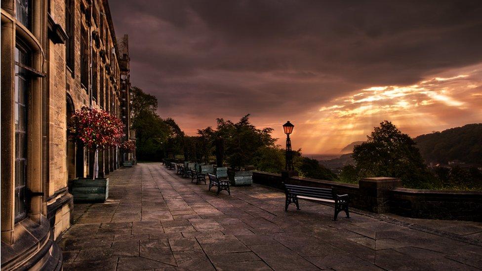 The terrace at Bangor University Main Arts building looking towards the Orme