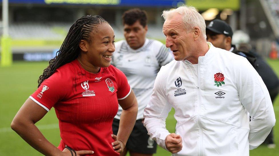 England coach Simon Middleton talks to Sadia Kabeya of England