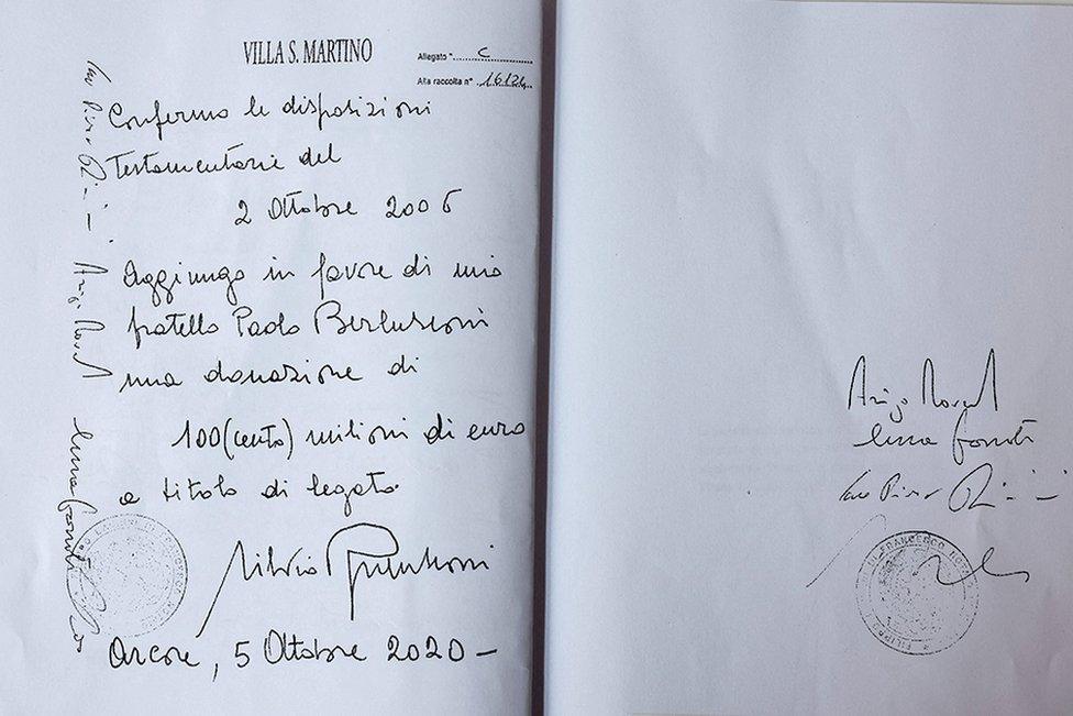 A photocopy of the handwritten will of former Italian Prime Minister Silvio Berlusconi, dated October 5, 2020, provided by his solicitor, in Milan, Italy, July 6, 2023