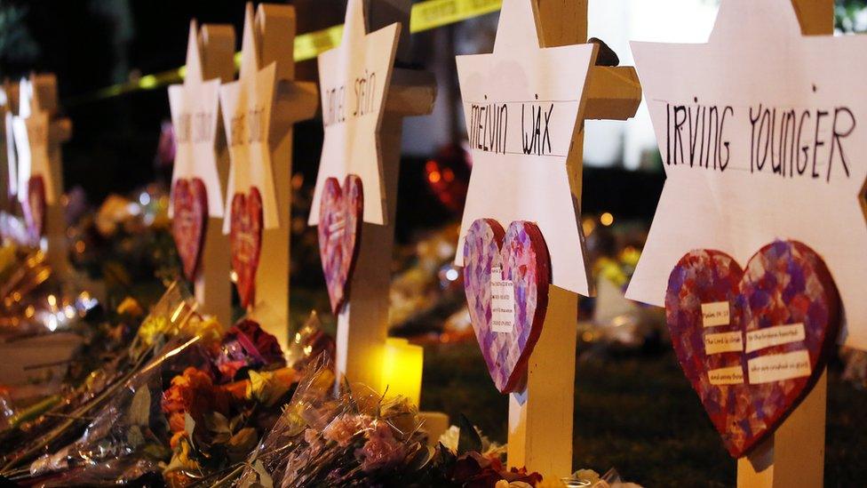 Star of David memorials are lined with flowers at the Tree of Life synagogue in Pittsburgh, Pennsylvania, 29 October 2018