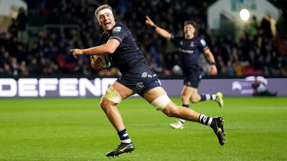 Bristol Bears' Jo Batley smiles as he runs towards the try line at Ashton Gate against Northampton Saints