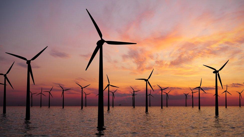 Wind turbine farm in the sea, sunset