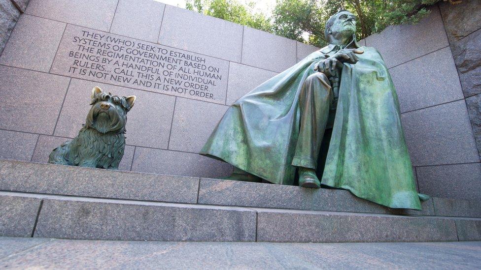 A statue of Franklin D Roosevelt and his dog Fala at the president’s memorial in Washington DC