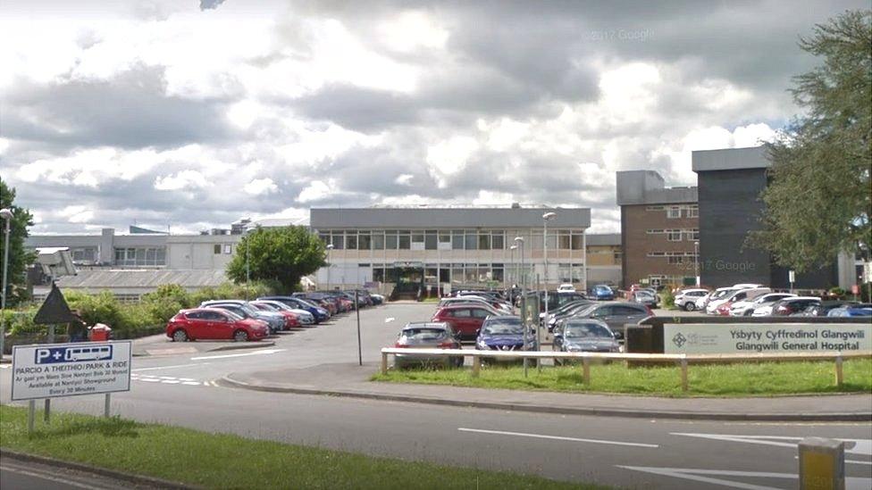 Glangwili General Hospital sign and exterior