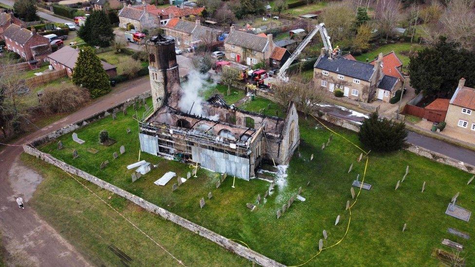 Aerial view of fire-ravaged Beachamwell church