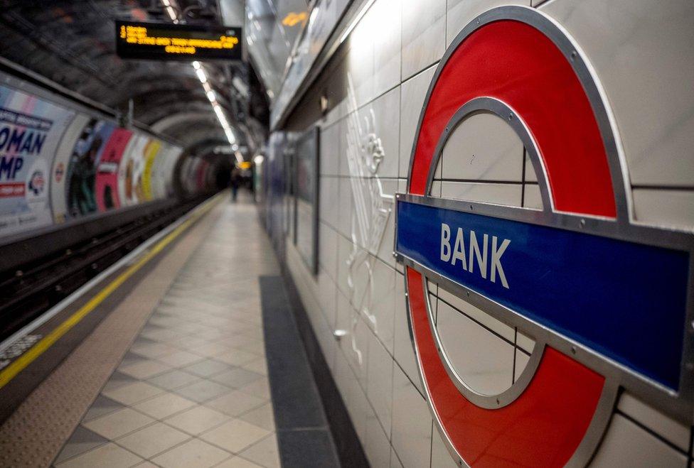 Bank station roundel on platform