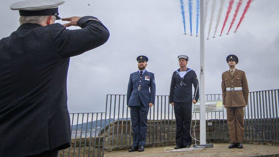 The jets left a colourful smoke trail over the coastal town