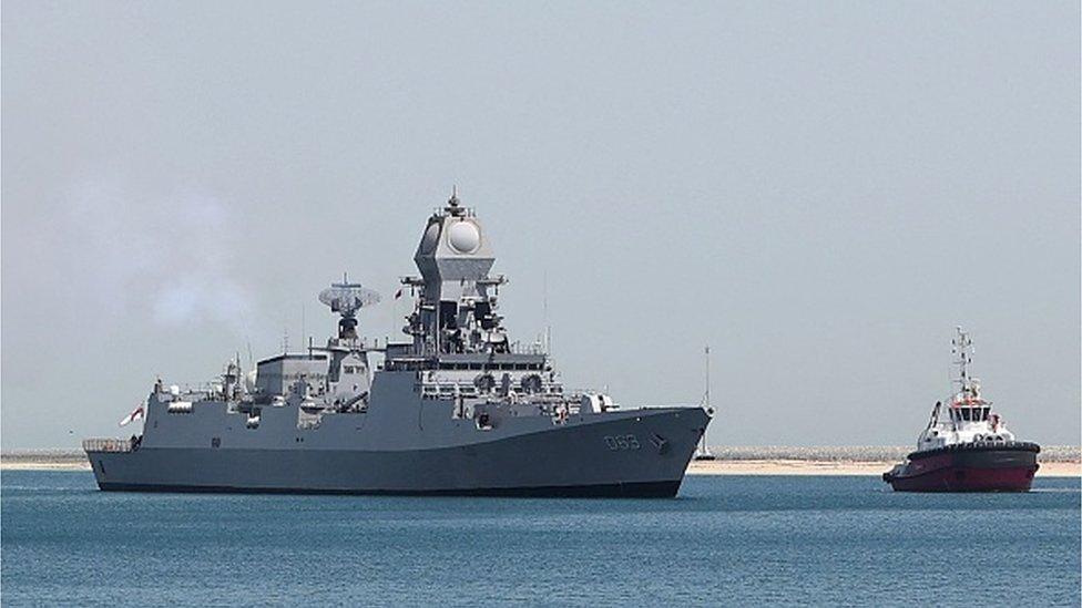 Indian Navy Warship INS Kolkata arrives at Hamad Port during the Doha International Maritime Defence Exhibition & Conference (DIMDEX) in the Qatari capital Doha on March 20, 2022.