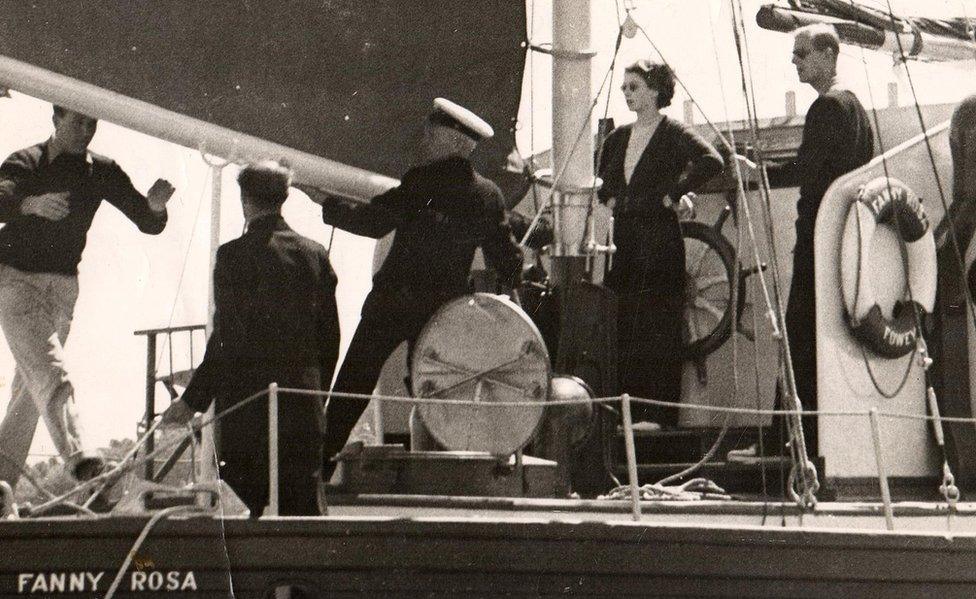 Princess Elizabeth and Prince Philip on board the Fanny Rosa