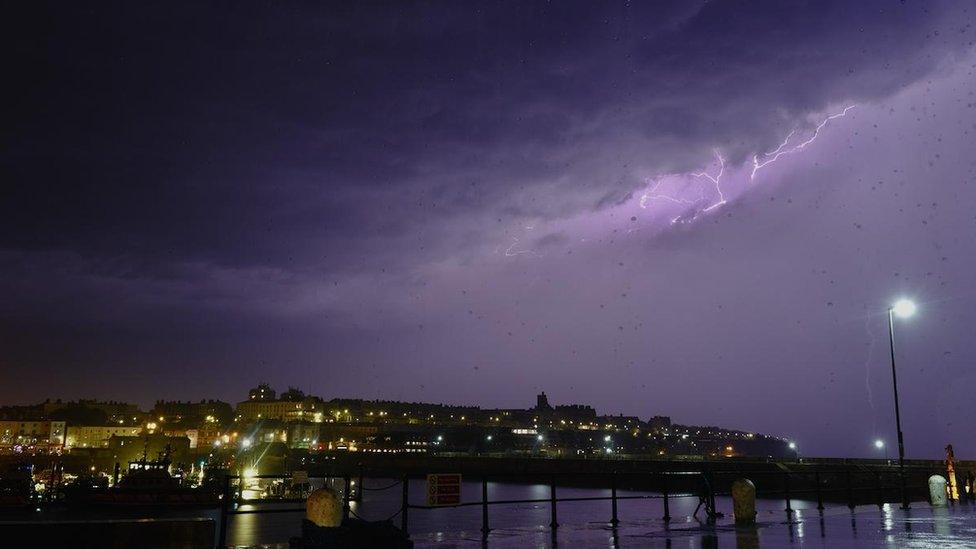 Lightning and purple clouds over the skies in Ramsgate, Kent.