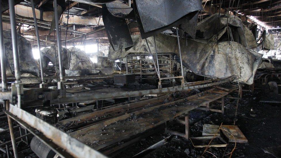 The charred remains of the inside of the poultry plant