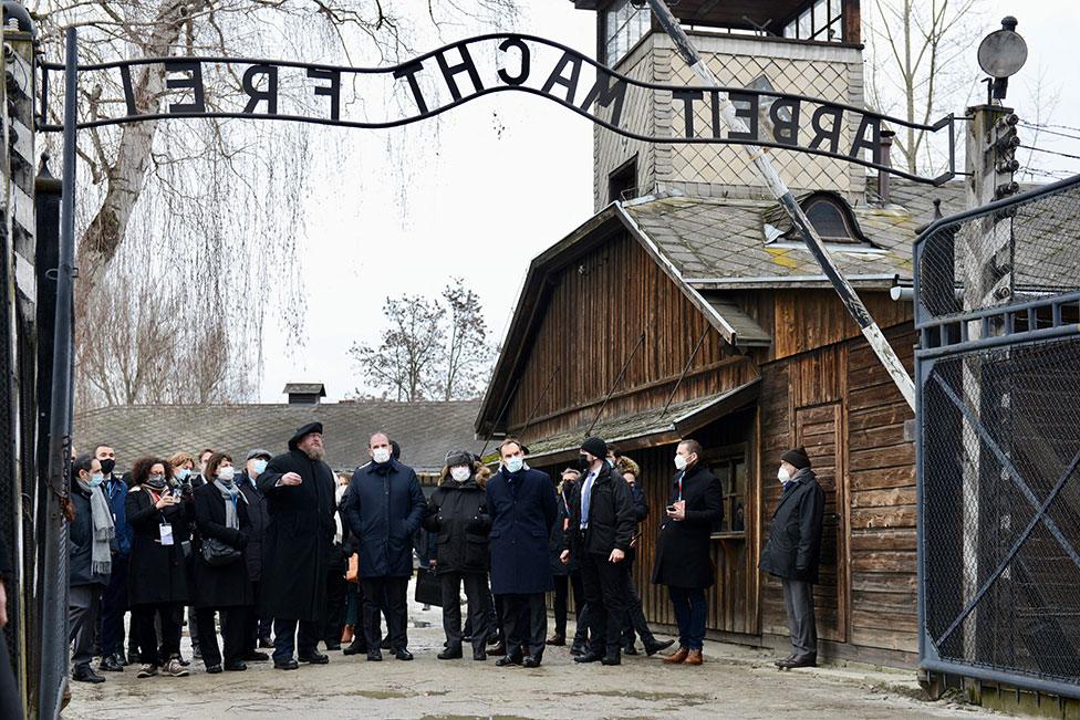 French Prime Minister Jean Castex visits the Memorial and Museum Auschwitz-Birkenau of the former German Nazi concentration and extermination camp in Oswiecim on 27 January 2022