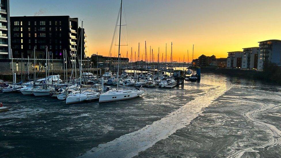 Frozen water in Cardiff Bay