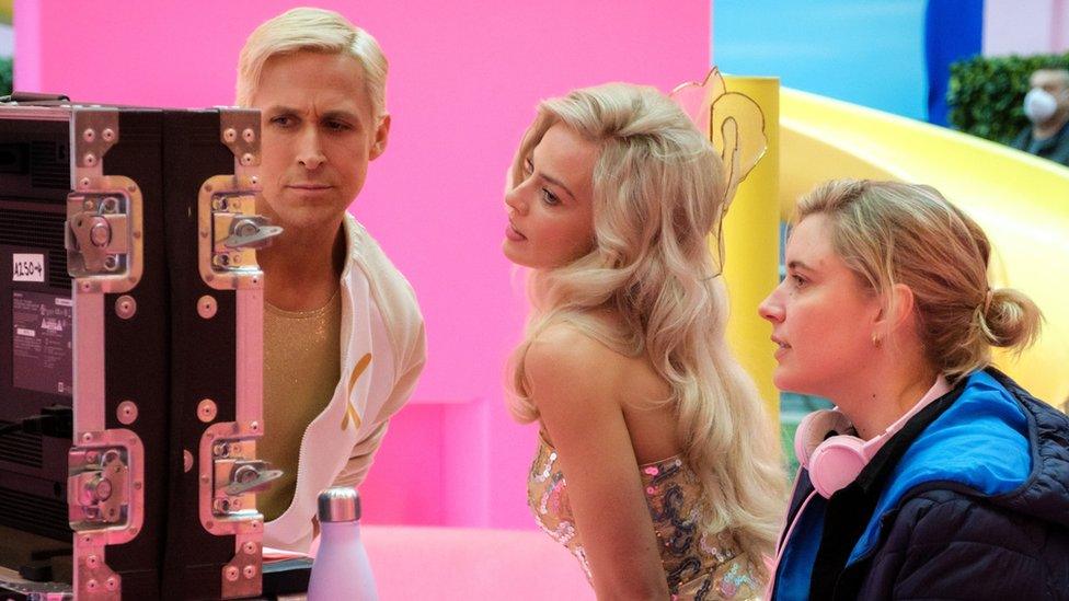 Ryan Gosling, Margot Robbie and Greta Gerwig on the set of Barbie