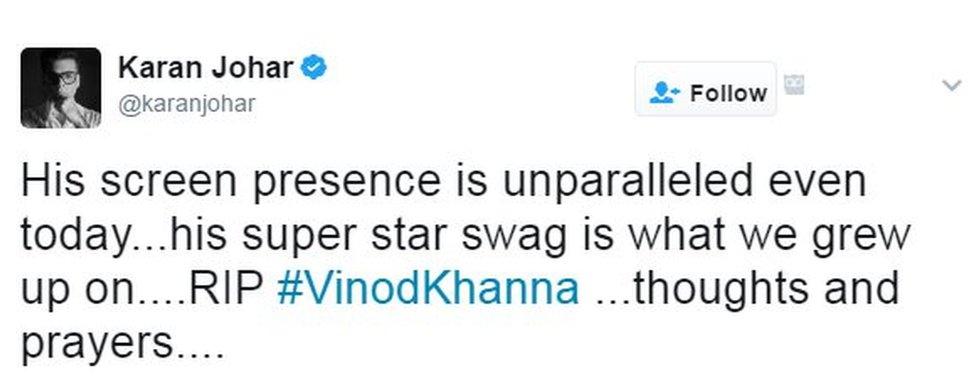 His screen presence is unparalleled even today...his super star swag is what we grew up on....RIP #VinodKhanna ...thoughts and prayers....