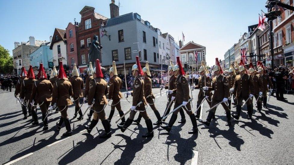 Military personnel takes part in rehearsals for the wedding of Britain's Prince Harry and Meghan Markle in Windsor.