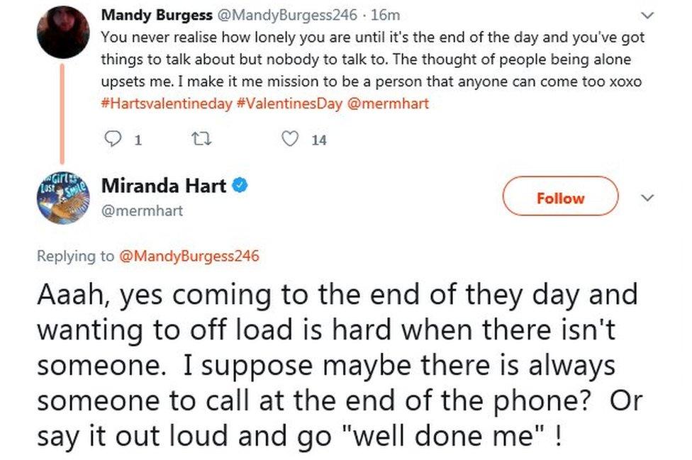 Miranda's tweet: Coming to the end of they day and wanting to off load is hard when there isn't someone. I suppose maybe there is always someone to call at the end of the phone? Or say it out loud and go "well done me" !