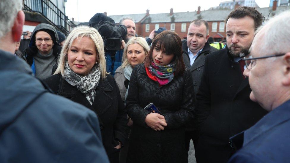 Sinn Féin deputy leader Michelle O'Neill (left) and MP Elisha McCallion (centre) and SDLP leader Colum Eastwood attended the announcement